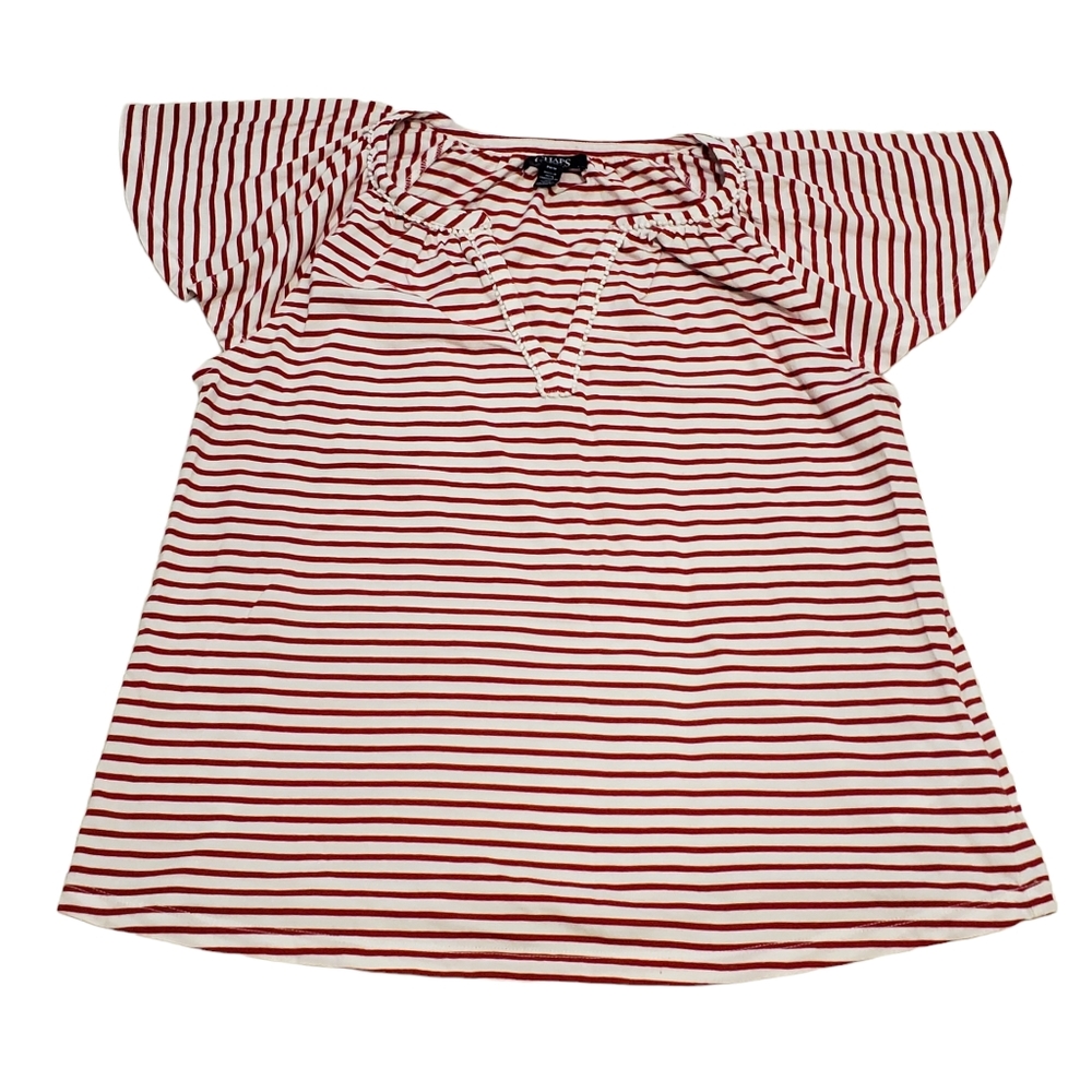 Chaps Red White Striped Flutter Sleeve V-Neck Top